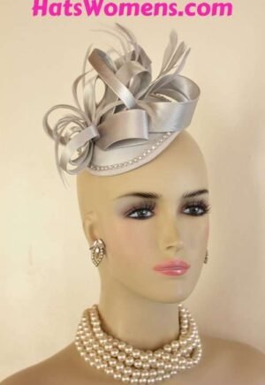 Silver Grey Designer Satin Wedding Fascinator, Cocktail Hats Women, Formal Church Hats, Kentucky Derby Hats, Bridal Hats Rhinestones Feathers Satin Dress