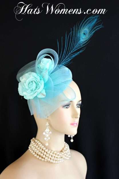 Women's Baby Blue Turquoise Aqua Sinamay Straw Wedding Fascinator, Kentucky Derby Hats, Peacock Silk Flower Designer Hats, Cocktail Hats, Hats For Weddings Church Formals Special Occasion, Bridal Couture Custom Millinery