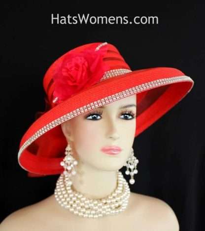 Ladies Red Formal Kentucky Derby Hat With Rhinestones Roses, Formal Church Special Occasion Hats For Women, Dress Hats For Women, Bridal Wedding Headpiece Custom Hats Millinery Headwear Apparel