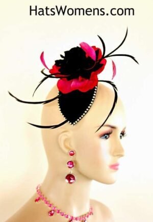 Black Hot Pink Rhinestone Wedding Bridal Fascinator, Cocktail Hats For Women, Dress Hats Women, Church Hats, Kentucky Derby Hats, Custom Headpieces, Hair Accessories Bridal