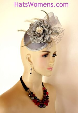 Ladies Silver Grey Wedding Bridal Fascinator, Cocktail Hats, Flapper Art Deco Headpiece Bridal, Kentucky Derby Hats, Church Wedding Formal Dress Designer Fascinator Hat For Women
