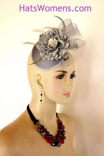 Ladies Silver Grey Wedding Bridal Fascinator, Cocktail Hats, Flapper Art Deco Headpiece Bridal, Kentucky Derby Hats, Church Wedding Formal Dress Designer Fascinator Hat For Women