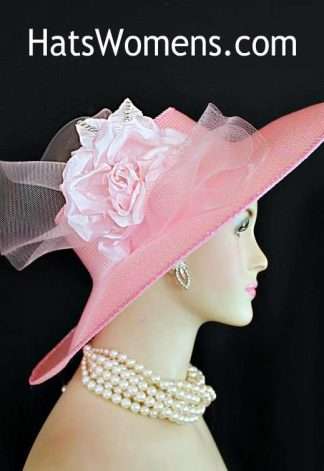 Ladies Pink Crown Designer Hat, Formal Dress Hats For Women, Bespoke Custom Fashion Hats Spring Races, Ladies Derby Hats, Bridal, Weddings, Wide Brim Millinery Hat