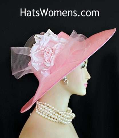 Ladies Pink Crown Designer Hat, Formal Dress Hats For Women, Bespoke Custom Fashion Hats Spring Races, Ladies Derby Hats, Bridal, Weddings, Wide Brim Millinery Hat