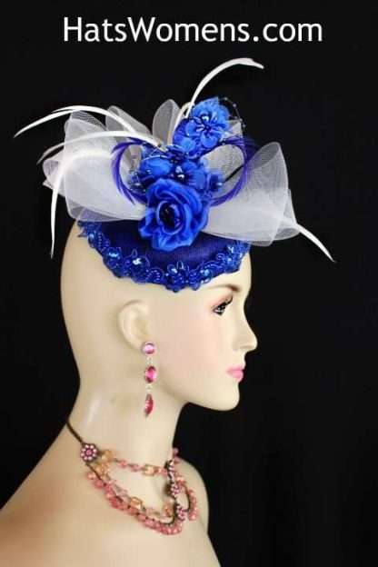 Women's designer royal blue white sinamay straw wedding fascinator, cocktail hats, bridal fascinator couture headpiece, Kentucky Derby hats woman, Church hats Spring