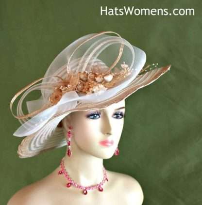 Women's Beige Coffee And Ivory Wide Brim Kentucky Derby Hat With Rosebuds, Formal Church Special Occasion Hats, Women's Dress Fashion Couture Custom Hats