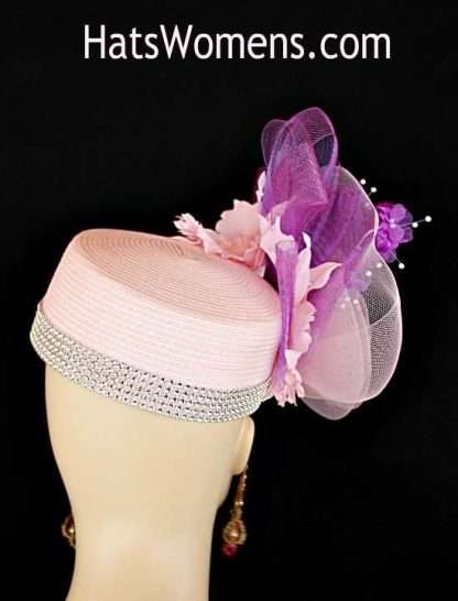 Pink Purple White Pillbox Dressy Fashion Church Hats, Formal Special Occasion Wedding Hats, Hats For Horse Races, Ladies Derby Hats, Custom Couture Spring Hats For Women With Orchids And Flowers