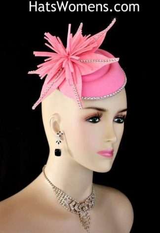 Ladies Pink Felt Mini Pillbox Hat Wedding Fascinator, Bridal Fascinator Headpiece, Hats For Formals Weddings Church Special Occasion, Women's Couture Designer Winter Spring Fall Dress Hats