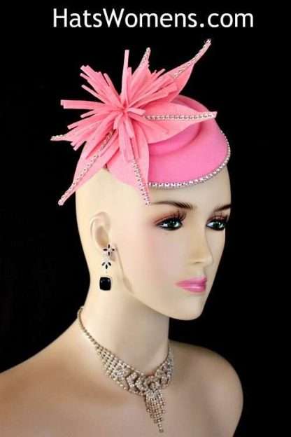 Ladies Pink Felt Mini Pillbox Hat Wedding Fascinator, Bridal Fascinator Headpiece, Hats For Formals Weddings Church Special Occasion, Women's Couture Designer Winter Spring Fall Dress Hats