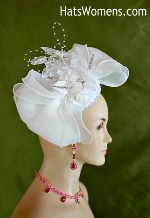 Bridal Wedding White Sinamay Straw Fascinator Headpiece, Ladies White Cocktail Hat With Roses Rhinestones, Kentucky Derby Hats, Women's Formal Church Wedding Fashion Hats, Custom Millinery Woman's Headwear Hair Accessory