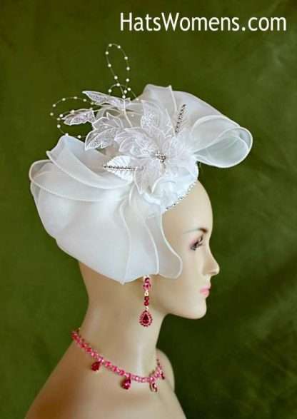 Bridal Wedding White Sinamay Straw Fascinator Headpiece, Ladies White Cocktail Hat With Roses Rhinestones, Kentucky Derby Hats, Women's Formal Church Wedding Fashion Hats, Custom Millinery Woman's Headwear Hair Accessory