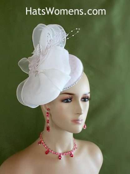 Ladies Couture White Wedding Bridal Hat Headpiece Fascinator, Designer Hats For Weddings Church Formals, 1920's Flapper Art Deco Hat Headpiece Brides, Dramatic Headpiece Hats For Women