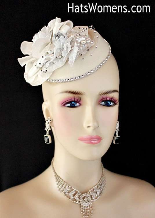 Ladies Wedding Fascinators Bridal Headpiece, Ivory Metallic Silver Designer Hats For Women, Mini Top Hats, Hats For Formals Church Special Occasion, Dress Hats For Women
