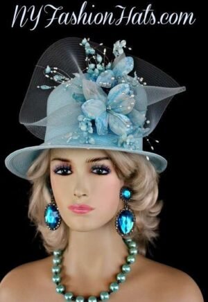Ladies Soft Pastel Sky Blue Custom Made Straw Braid Designer Kentucky Derby Hat With Flowers. This Dress Shaped Hat Is Trimmed With Handmade Silk And Velvet Millinery Flowers, Accented With Sequin And Pearls, Adorned With A Large Baby Blue Crinoline Bow. This Feminine Designer Hat Has A Romantic Flair. A Perfect Dress Hat For A Wedding Guest. This Women's Hat Is Suited For Weddings, Church, Holidays, Formals, Garden Tea Parties, The Kentucky Derby, The Melbourne Cup, The Royal Ascot, Spring Horse Races, And Special Occasions. This Church Hat Is Custom Made And Designed By NY Fashion Hats, www.nyfashionhats.com