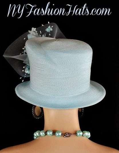 Pastel Blue Shaped Couture Designer Wedding Hat With Flowers, Church Hats