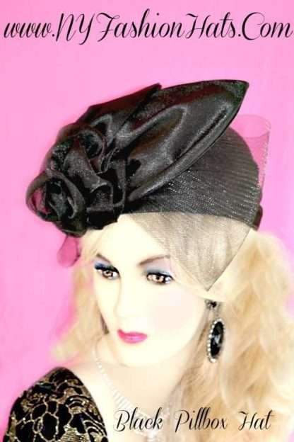 Women's Formal Black Satin Straw Braid Designer Fashion Hat, Funerals Holidays Weddings Church