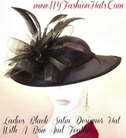 Ladies Black Satin Designer Fashion Hat, Funerals Holidays Special Occasion