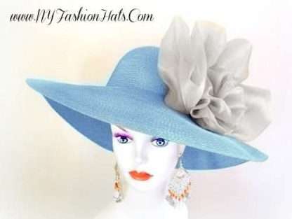 Stylish Baby Blue Silver Grey Couture Bridal Wedding Church Derby Hat