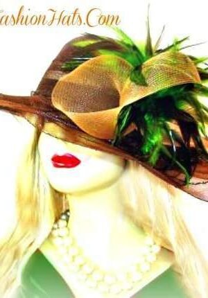 Ladies Brown Wide Brim Lime Green Feathered Designer Dress Hat Suited For Weddings Church Formal And The Kentucky Derby