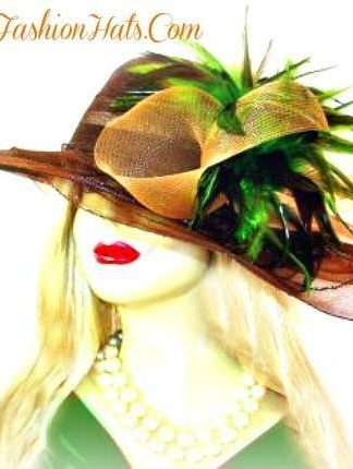 Ladies Brown Wide Brim Lime Green Feathered Designer Dress Hat Suited For Weddings Church Formal And The Kentucky Derby