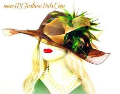 Ladies Brown Wide Brim Lime Green Feathered Designer Dress Hat Suited For Weddings Church Formal And The Kentucky Derby