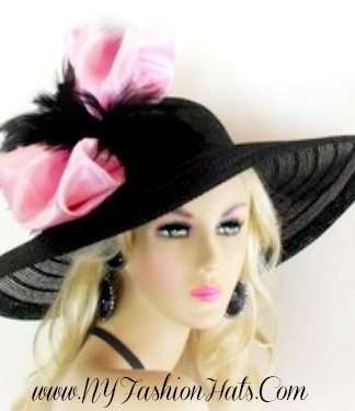 Ladies Black Pink Formal Wide Brim Dressy Church Wedding Fashion Hat