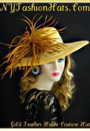Women's Designer Couture Sheer Brim Antique Gold Dress Fashion Wedding Hat, Mother Of The Bride Hats