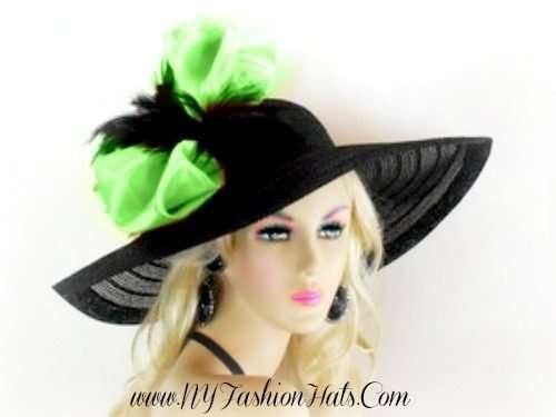 Women's Black Lime Green Custom Dressy Hat For Weddings Formals Dress Up Events, Mother Of The Bride Hats