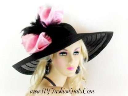 Black Wide Brim Pink Satin Bow Feathers Special Occasion Wedding Hat