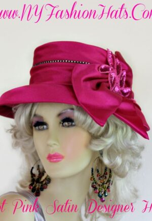 Women's Hot Pink Sequin Designer Satin Dress Hat, Weddings Church Formals Hats 8444