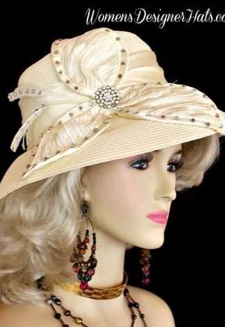 Women's Formal Ivory Rhinestone Satin Straw Dress Bridal Wedding Church Hat