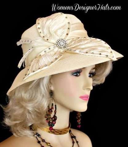 Women's Formal Ivory Rhinestone Satin Straw Dress Bridal Wedding Church Hat