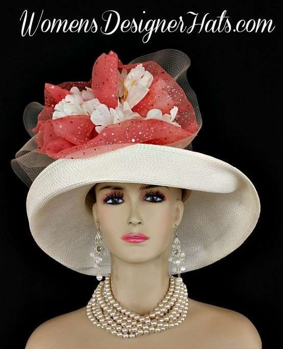 Elegant Custom Ivory Coral Dramatic Big Bow Ivory Coral Floral Wedding Kentucky Derby Hat