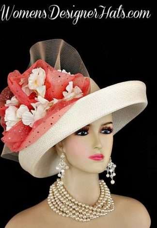 Beautiful Ivory Coral Lift Up Brim Church Wedding Designer Hat, Women's Fashion Hats