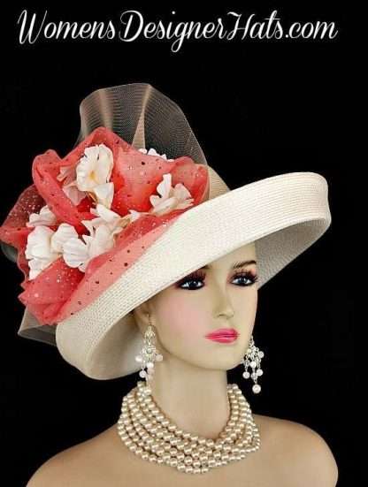 Beautiful Ivory Coral Lift Up Brim Church Wedding Designer Hat, Women's Fashion Hats
