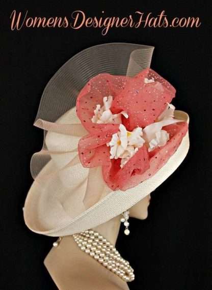 Ladies Special Occasion Formal Couture Ivory Coral Bridal Mother Of The Bride Hat
