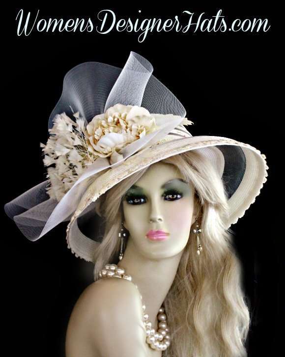 Ivory Wide Brim Kentucky Derby Hat Church Designer Fashion Hats 8YVZ - Image 2