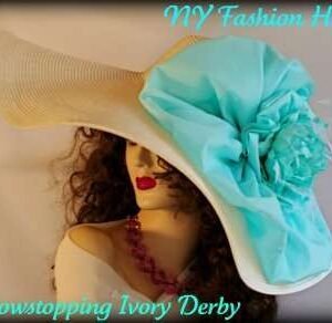 Women's Ivory Large Aqua Bow Flower Kentucky Derby Hat