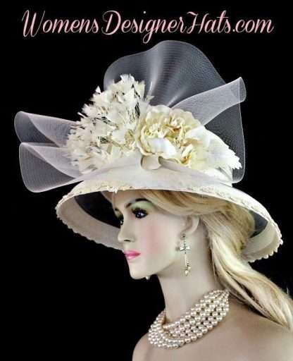 Ivory Wide Brim Kentucky Derby Hat Church Designer Fashion Hats 8YVZ - Image 3