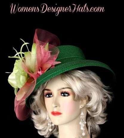 Women's Emerald Lime Green Pink Flower Derby Hat Designer Wedding Church Hats 2K81 - Image 2