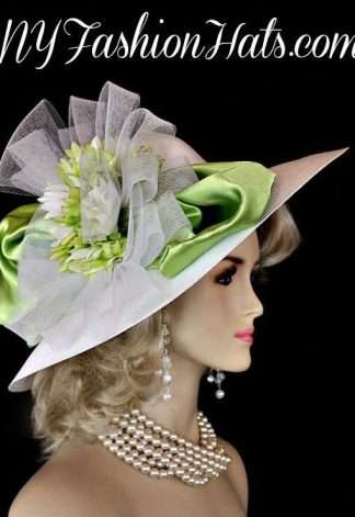 Women's White Lime Green Wide Brim Fashion Designer Hat Weddings Church Formal Horse Races