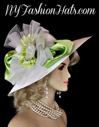 Women's White Lime Green Wide Brim Fashion Designer Hat Weddings Church Formal Horse Races