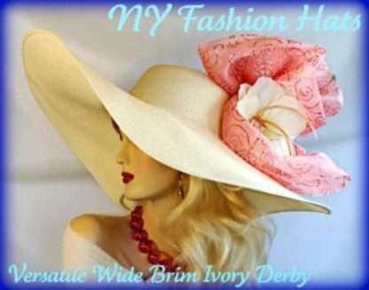 Women's Formal Ivory Coral Designer Wide Brim Fashion Hat For Weddings Church And Dress Up Affairs