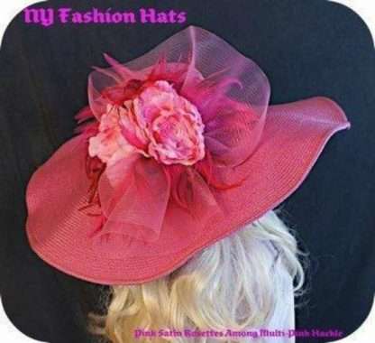 Women's Magenta Raspberry Hot Pink Dress Fashion Church Hat With Flowers Feathers