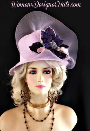 Lilac Purple Big Flower Stylish Designer Formal Dress Hat For Women