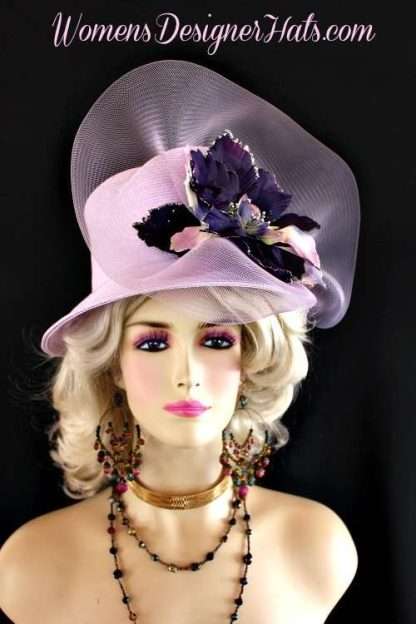 Lilac Purple Big Flower Stylish Designer Formal Dress Hat For Women