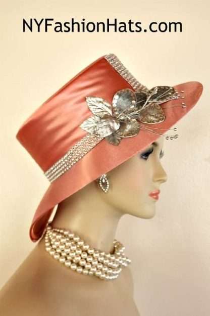 Women's Dressy Metallic Silver Peach Rhinestone Kentucky Derby Hat, https://hatswomens.com