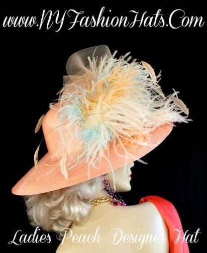 Ladies Peach Ivory Aqua Beige Fashion Wedding Designer Hat, Church Hats 77Z1 - Image 2