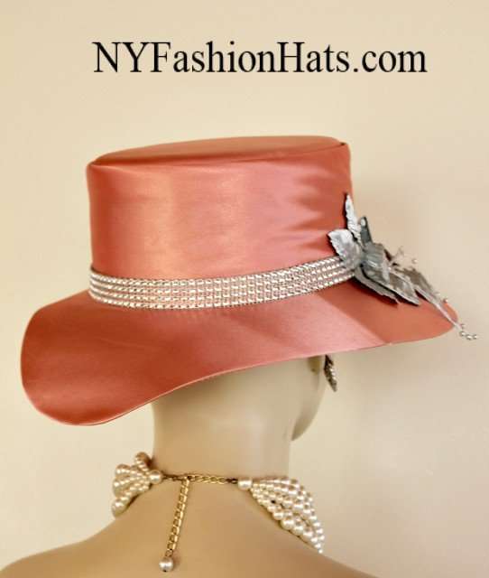 Ladies Formal Peach Metallic Silver Floral Special Occasion Dress Hat, Mother Of The Bride Hats