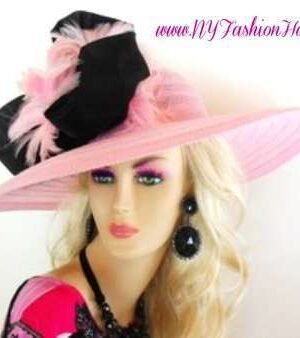 Women's Formal Pink Wide Brim Designer Wedding Kentucky Derby Hat, Customize This Fashion Hat